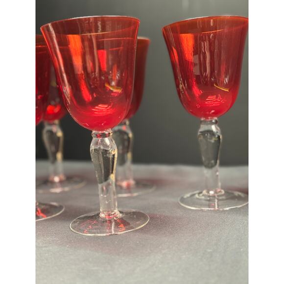Set of 5 Handblown Ruby Red Bell-Shaped Goblets with Clear Stems – Elegant - Picture 6 of 12